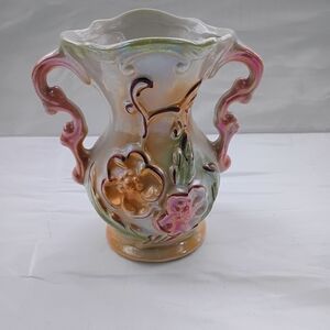 Floral Ceramic Vase with Pink and Orange Accents